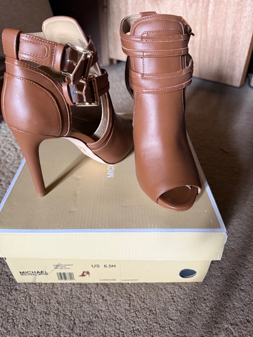 Michael Kors Luggage Brown Leather Peep-Toe Ankle Strap Heels